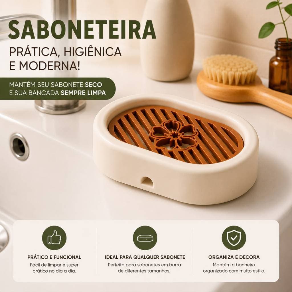 Porta Sabonete com Drenagem Inteligente Saboneteira de Bancada Organizador de Pia Banheiro Design Moderno Minimalista