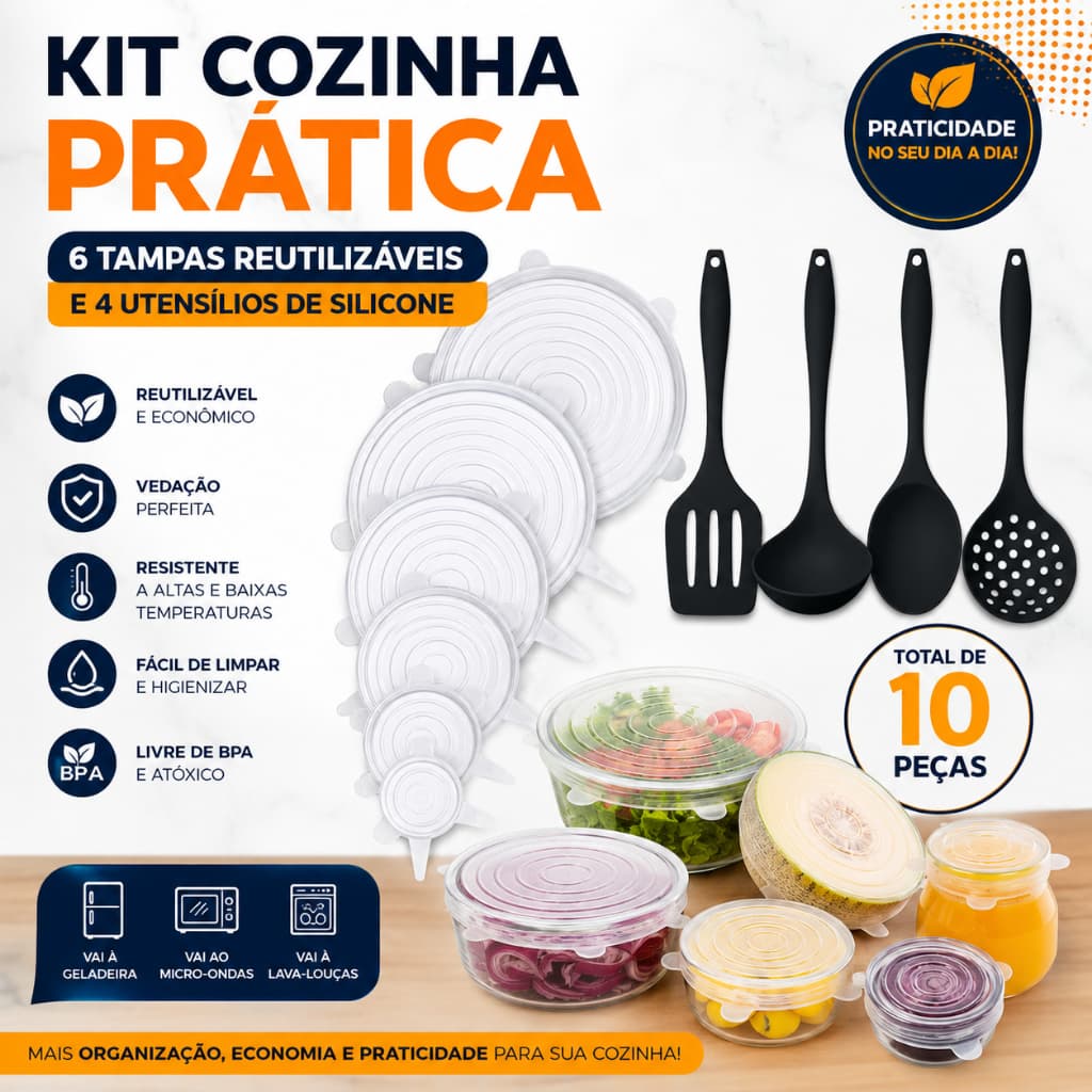 Kit Cozinha 10 Peças Tampas e Utensílios de Silicone  6 Tampas + 4 Utensílios Silicone