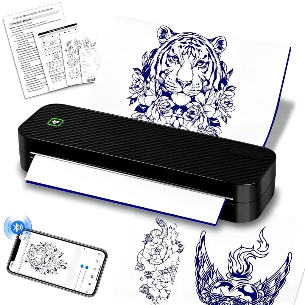 Impressora Térmica Bluetooth Mini 2 em 1 para Etiquetas e Tatuagens com 3 Rolos de Papel A4