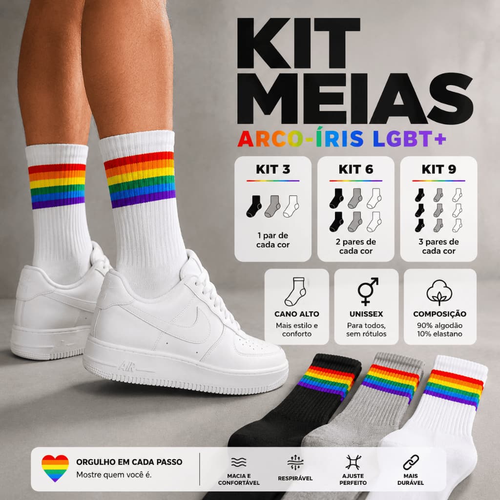 KIT PARES DE MEIAS LGBT+ ARCO IRIS UNISSEX KIT 3,6,9 CASUAL TREINO ACADEMIA ESTILO ACABAMENTO PREMIUM