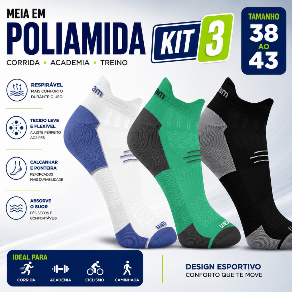 Kit 3 Meia Invisível Poliamida Bicolor 2 Proteções Masculina Rikam