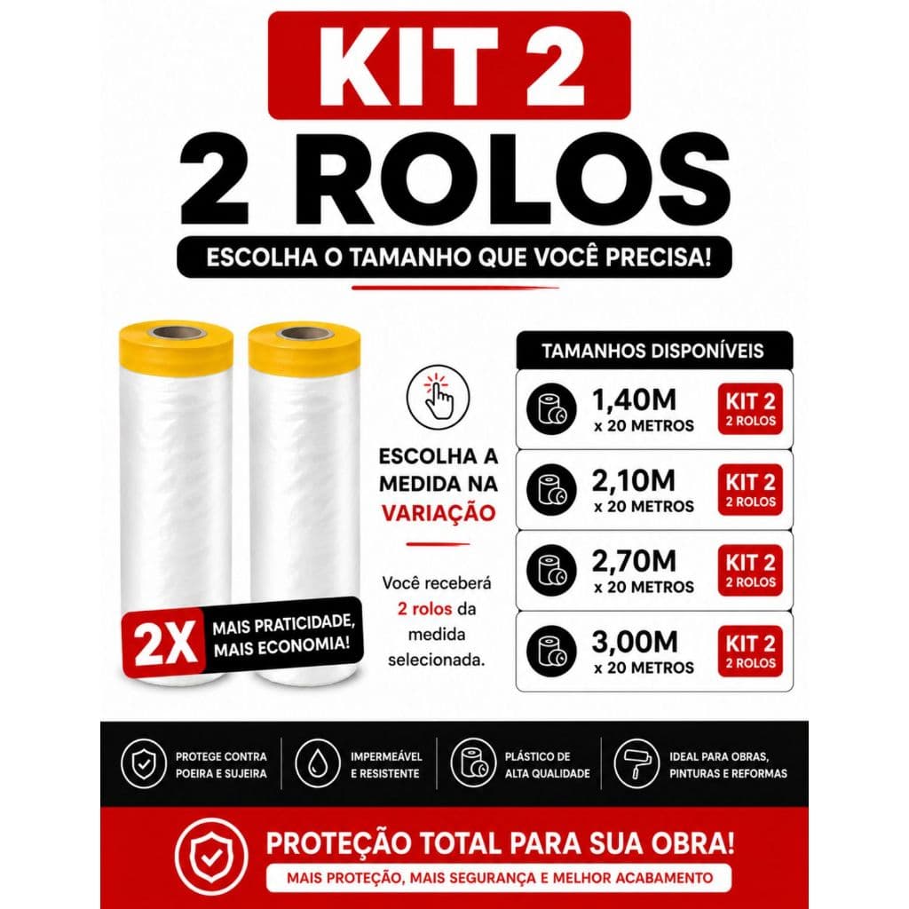 Kit 2 Rolos Filme Plástico Protetor com Fita Crepe Mascaramento Salva Pintura Obra Reforma Cobre Tudo 20m