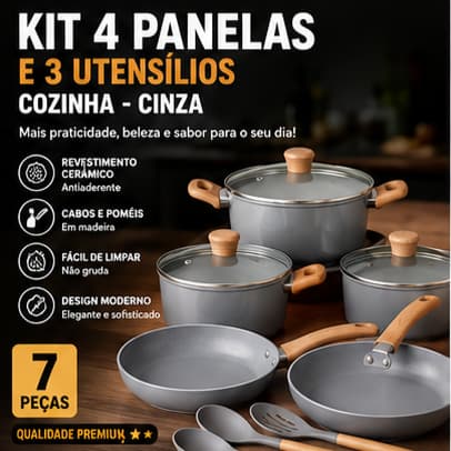 Kit 4 Panelas Cerâmica Antiaderente Fratelli Indução Gás Elétrico Vitrocerâmico + 3 Utensílios Madeira