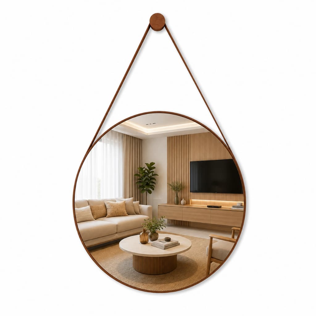 Espelho Redondo Decorativo Banheiro 60cm 40cm 30cm Suspenso Adnet Alça Couro + Pino