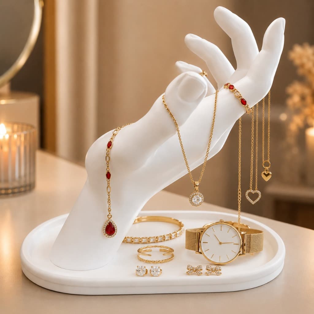 Expositor De Joias Luxo Mão Com Bandeja Decorativa Anéis Colares Brincos Vitrine Elegância