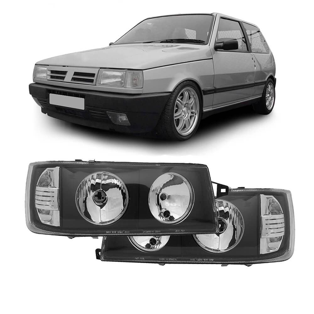 Par Farol Esportivo Uno Fiorino 1991 A 2003 Máscara Negra Foco Duplo Lente Lisa Pisca Embutido - Elba Prêmio 1991 A 1996