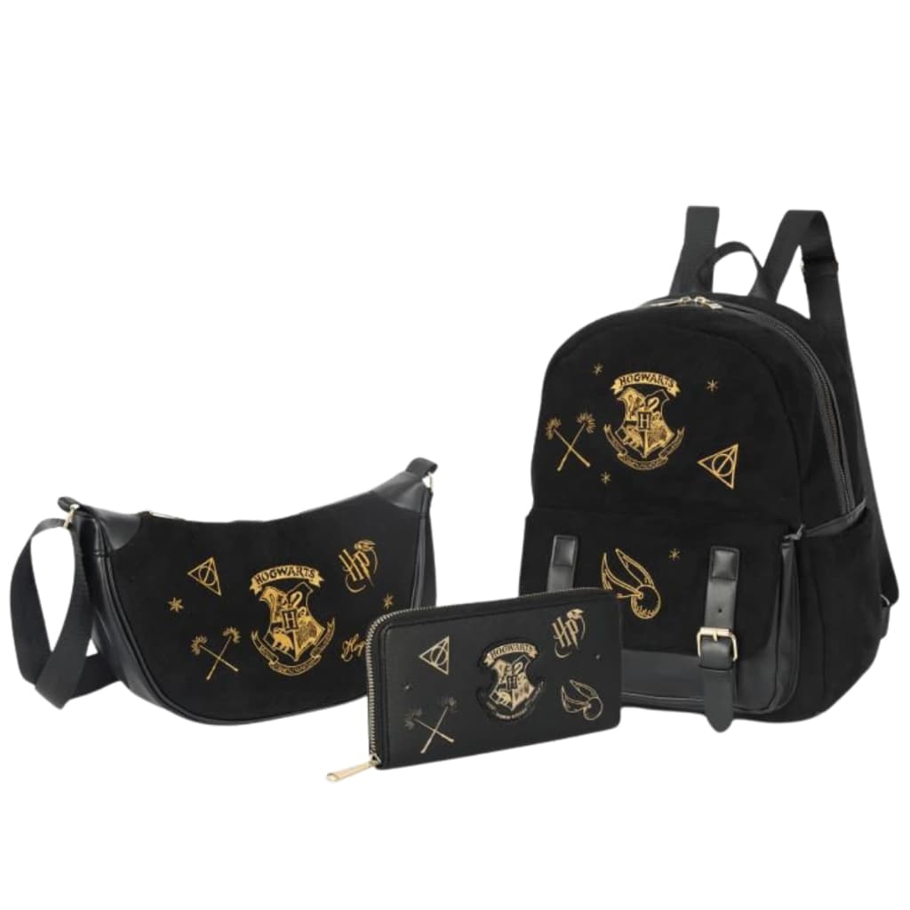 Kit Harry Potter Mochila Passeio + Bolsa Transversal Canoa + Carteira Hogwarts Pomo de Ouro
