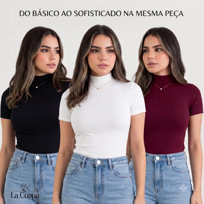 Blusa Canelada Manga Curta Gola Alta Moda Feminina