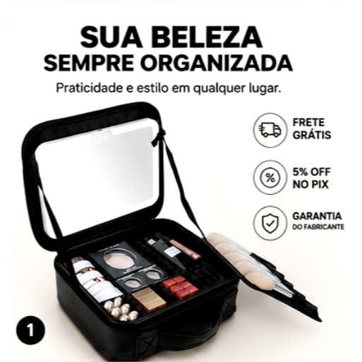 Necessaire Porta Maquiagem com Espelho LED TOP RIO 12 Compartimentos Organizador Viagem com Alça Preto