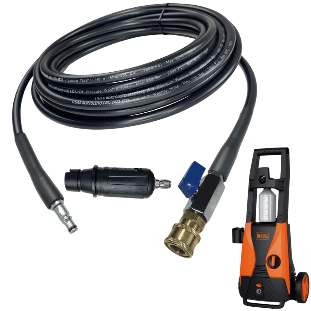 Mangueira Compatível com Black Decker Lavadora Alta Pressão PW1450 com Registro Bico Curto Esguicho