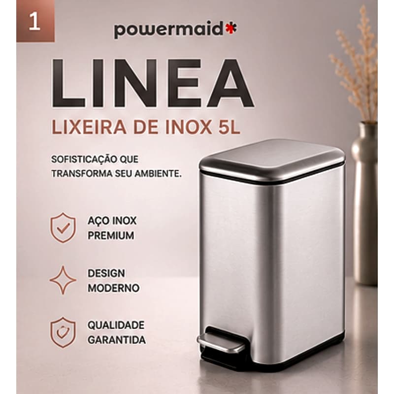 Lixeira Inox 5L Powermaid Linea Retangular com Pedal Balde Removível Multiuso para Banheiro Cozinha Escritório