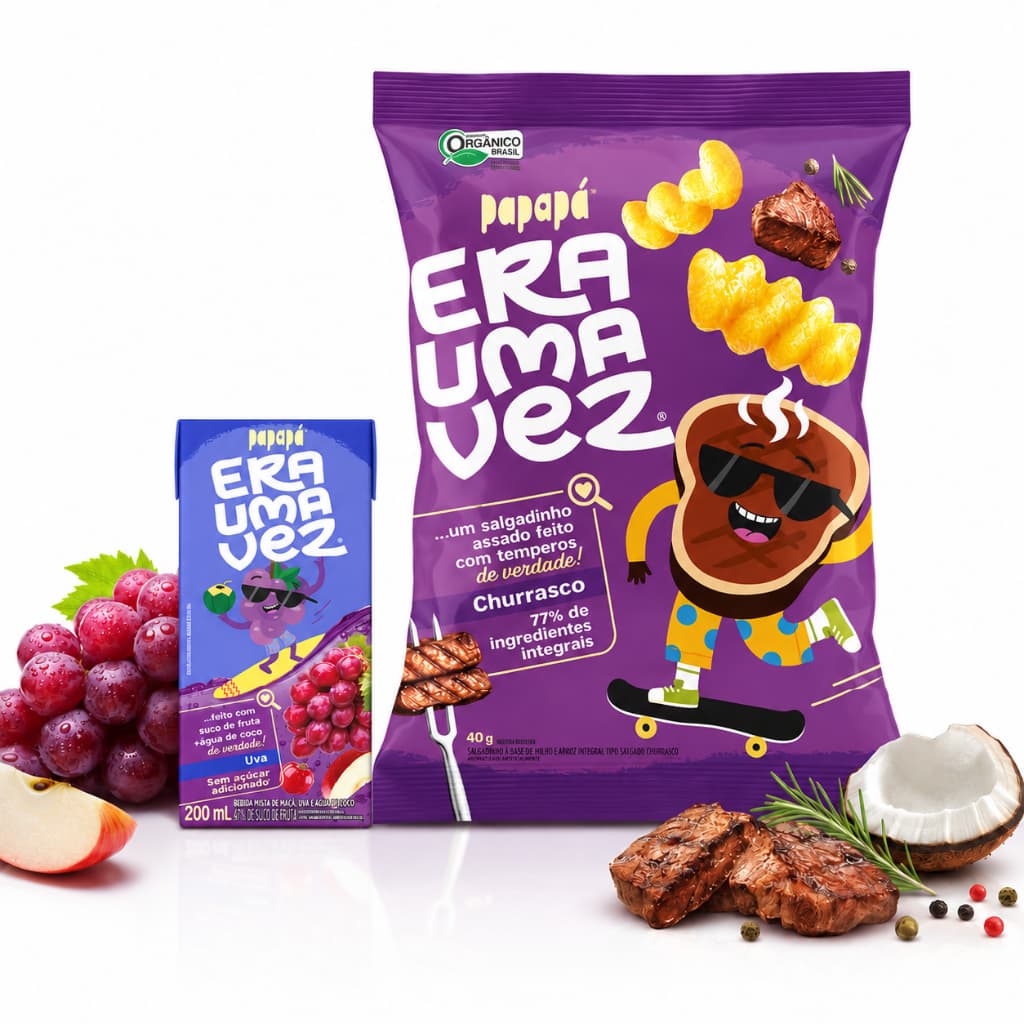 Kit Papapá Lanche Escolar Era Uma Vez Biscoito Salgadinho Churrasco e Suco Uva Com Água de Coco 200ml