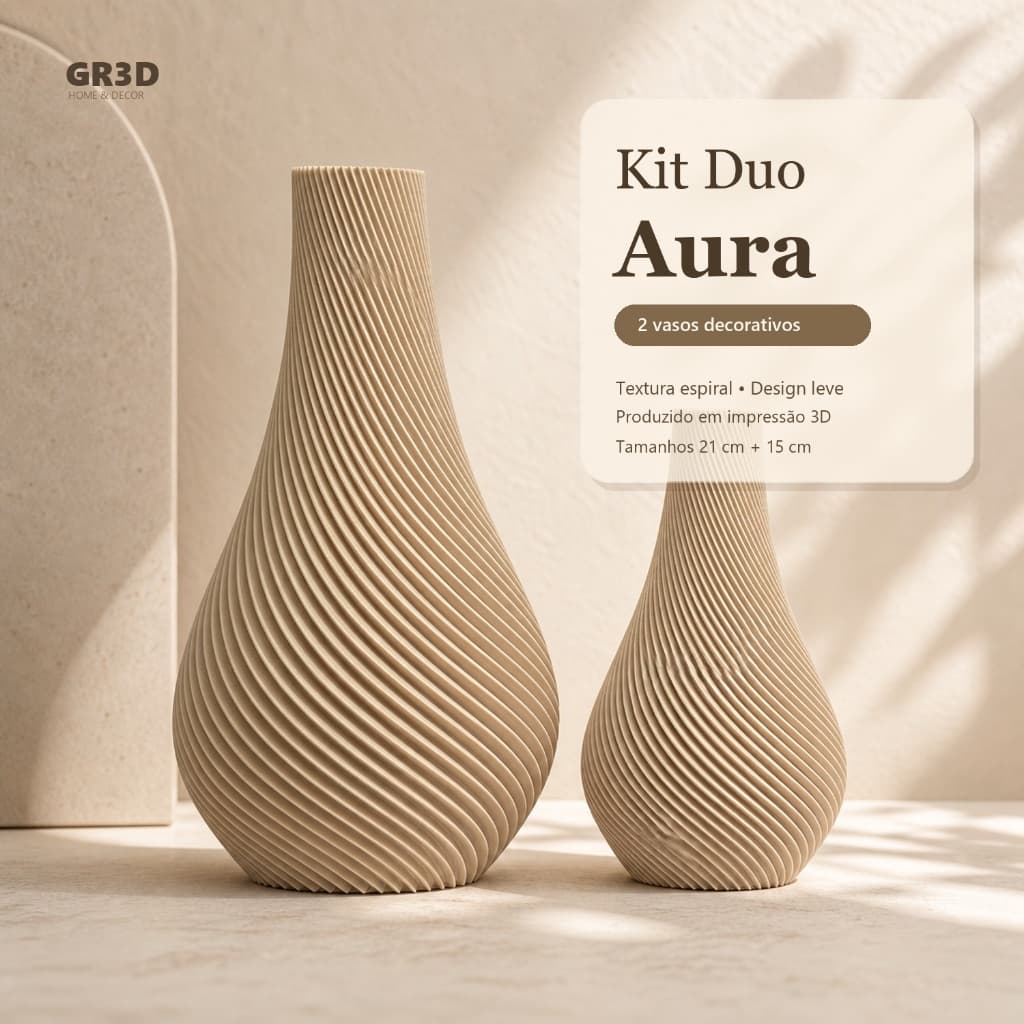 Kit Duo Aura 2 Vasos Decorativos Espiral 21cm e 15cm Cachepot Moderno Para Decoração Interna