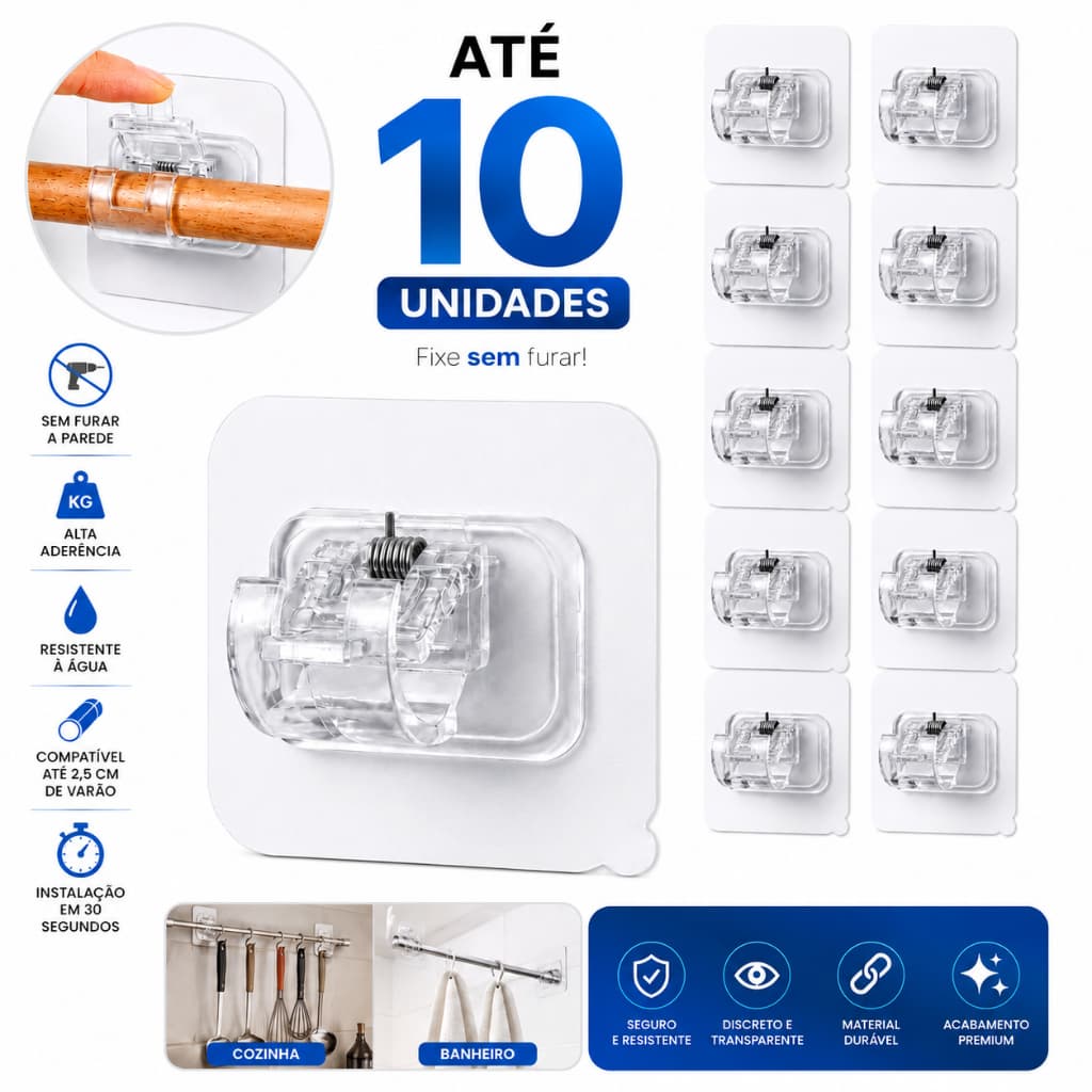 Suporte Adesivo para Varão Cortina Sem Furar Parede Transparente Kit