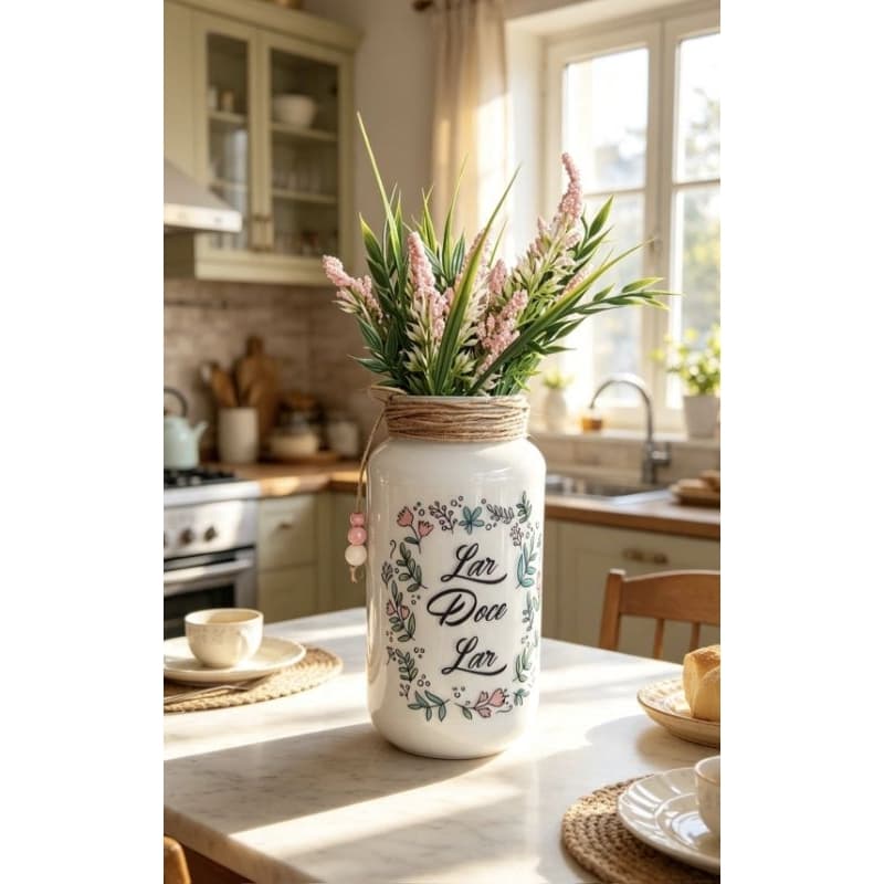 ​Vaso Decorativo Cerâmica Lar Doce Lar - Estilo Boho / Rústico com Flores Artificiais Rosa