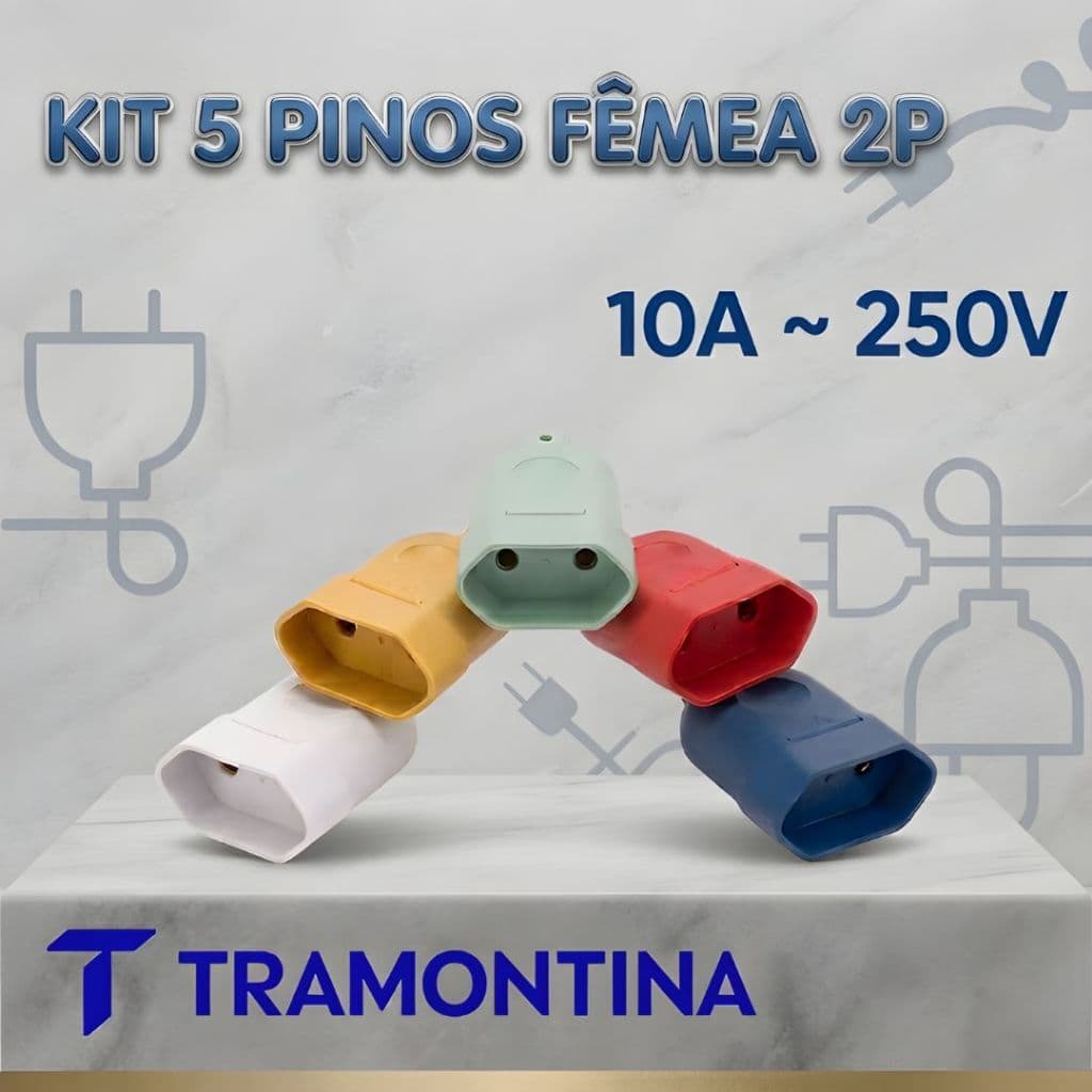 Kit 5 Plugue Pino Fêmea 2P 10A Tramontina  Linha Priscus Colorido