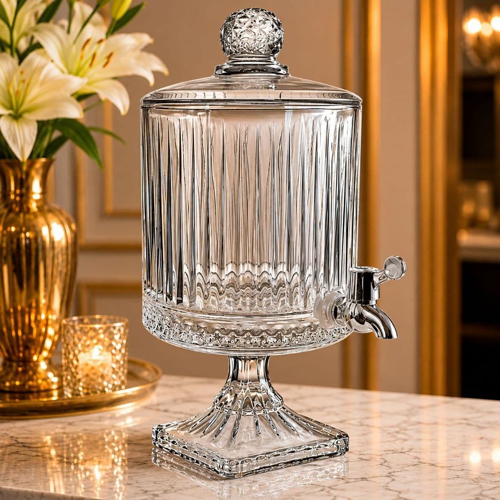 Suqueira Dispenser De Bebidas Vidro 4,5L Linha Lapidada Luxo Mesa Posta Festa Casamento Grande 49cm