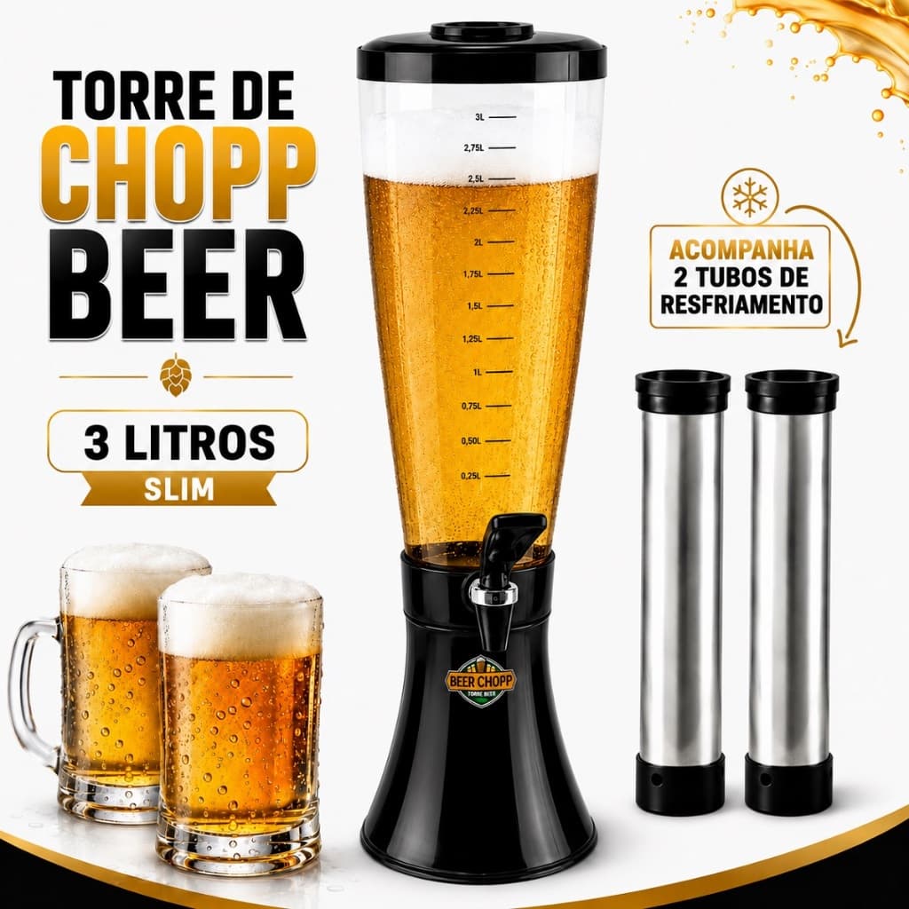 Torre de Chopp Chopeira Beer 3,25 Litros com 2 Tubos Gelantes Base Giratoria 360°