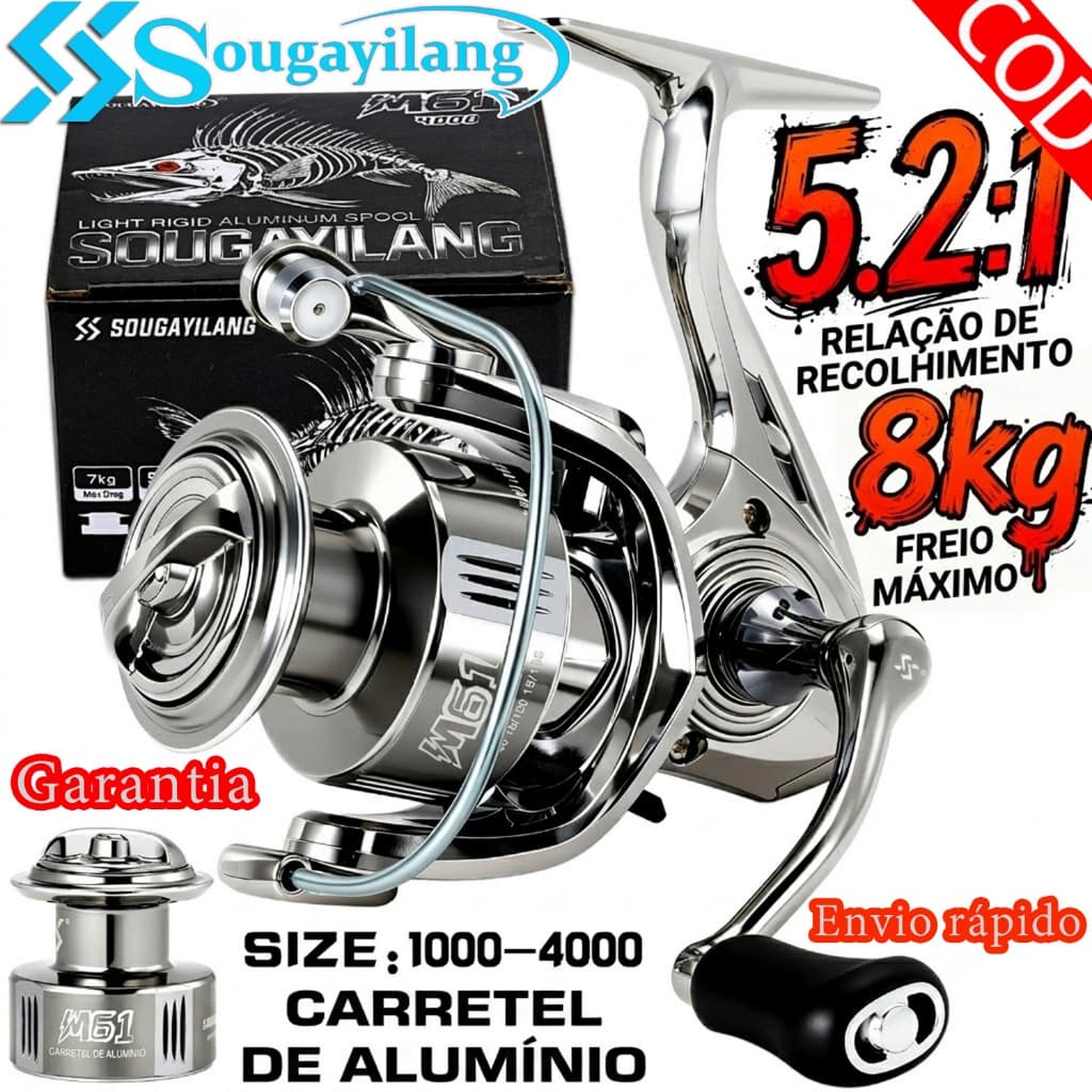 Molinete De Pesca Sougayilang M61 Carretel De Alumínio Freio 8kg Drag 5.2:1 Molinetes Praia E Rio 1000-4000