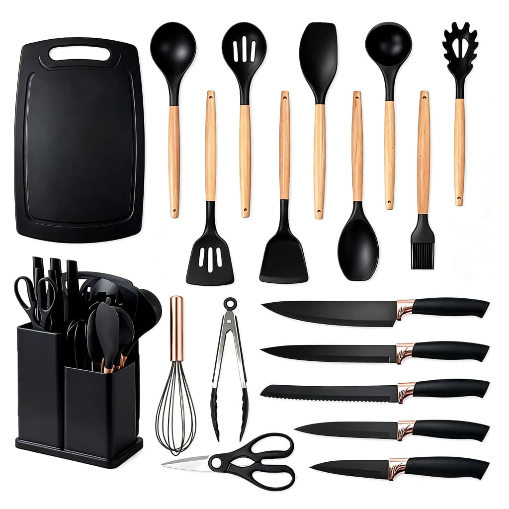 Kit Conjunto 19 Pçs De Utensílios Facas Silicone e Plástico Cozinha Jogo Completo Batedeira Colher Pegador