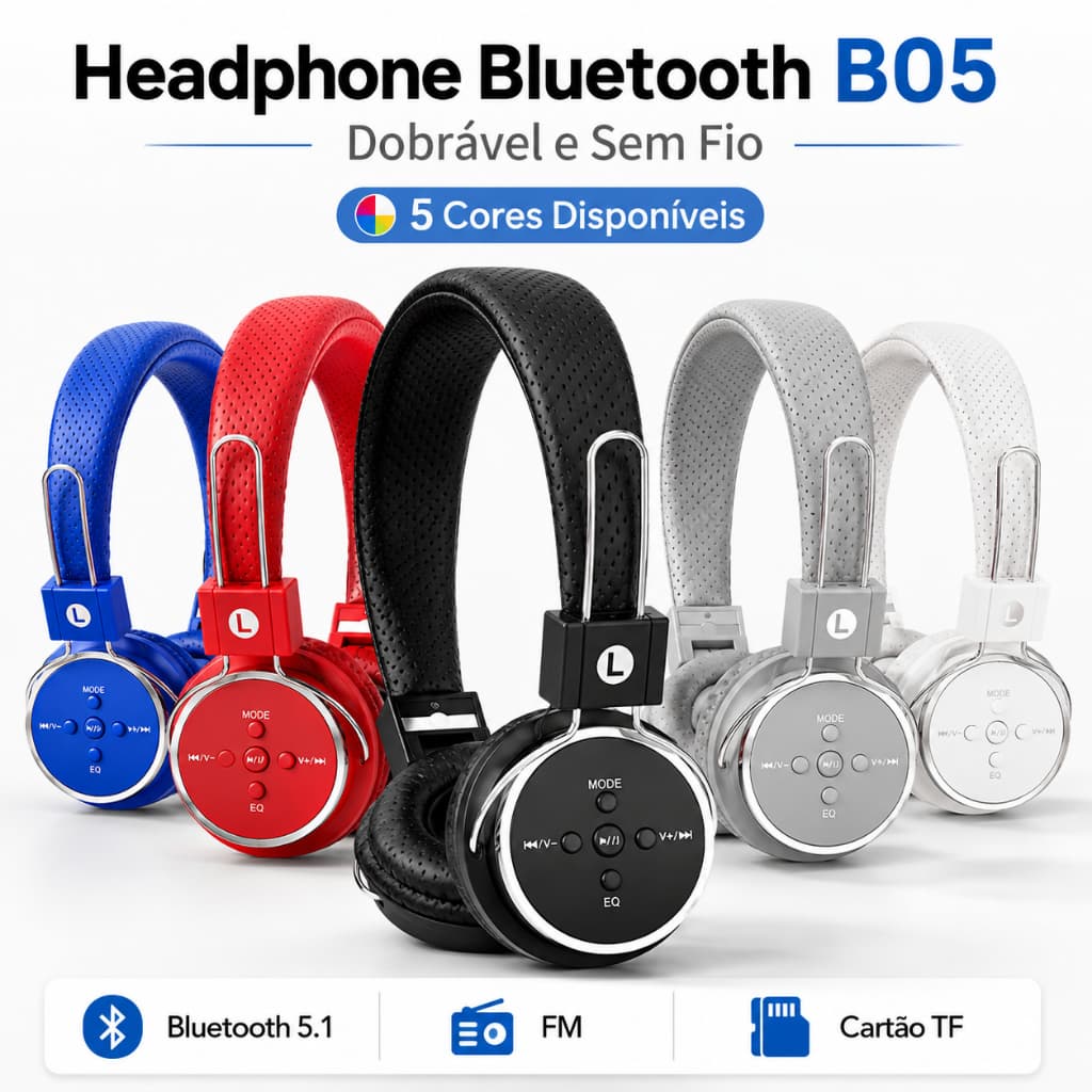 Fone de Ouvido Bluetooth 5.1 B05 Headphone Sem Fio Dobrável com Rádio FM e Cartão TF