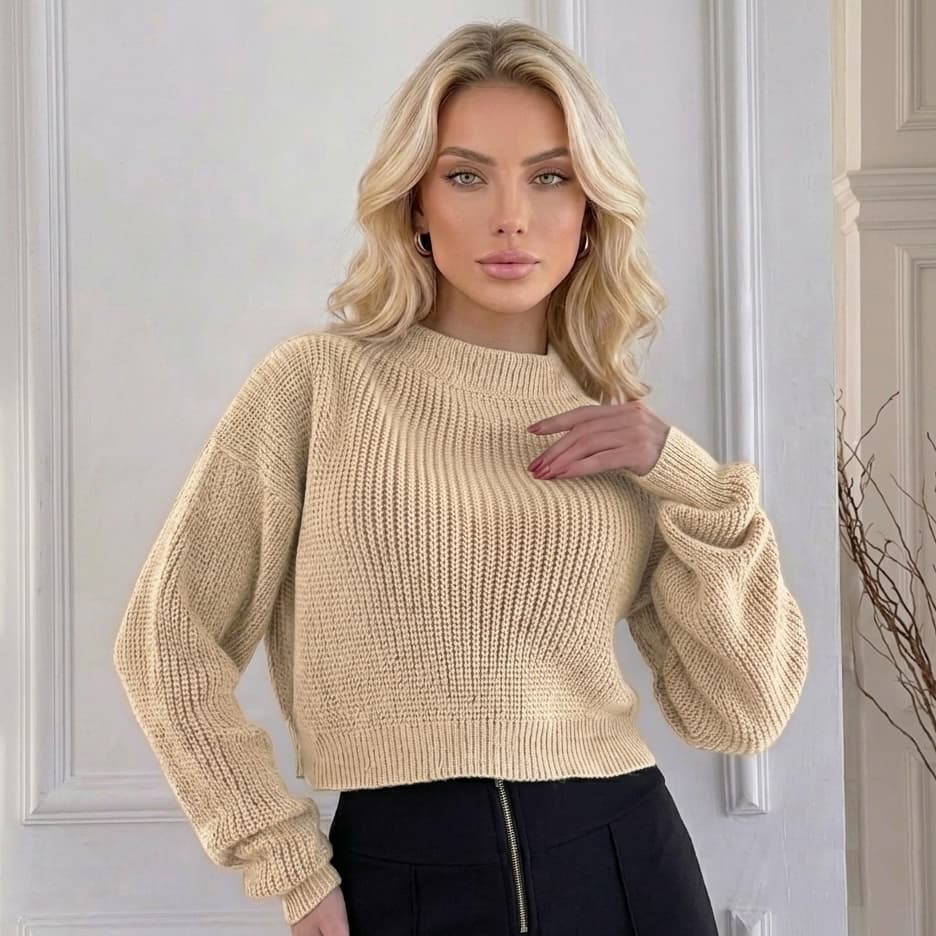 Blusa Cropped Tricô II Fang Manga Longa Estilosa Inverno Caimento Comfy