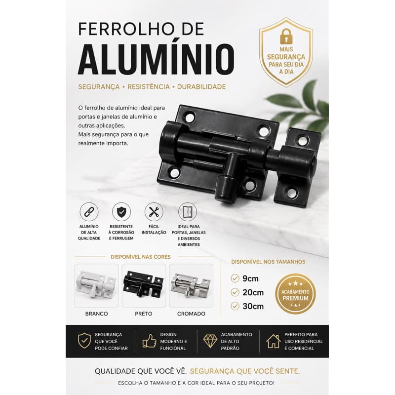 Ferrolho de alumínio  portas e janelas. Preto, branco e cromado. Tamanhos 9, 20 e 30 cm. Resistente e fácil instalação.