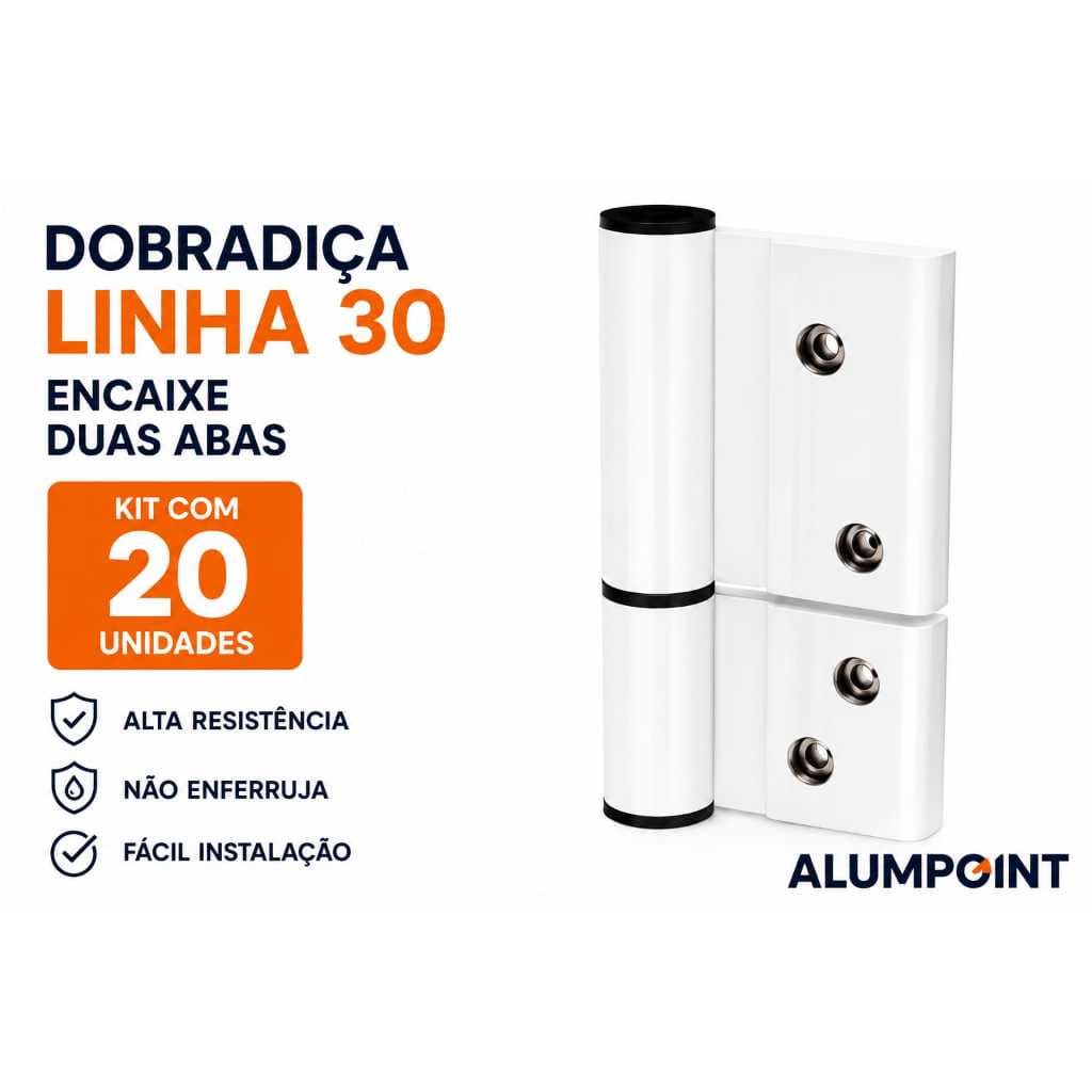 Dobradiça Linha 30 Branca Alumínio Encaixe Duas Abas Kit 20 Unidades Alumpoint Alta Resistência