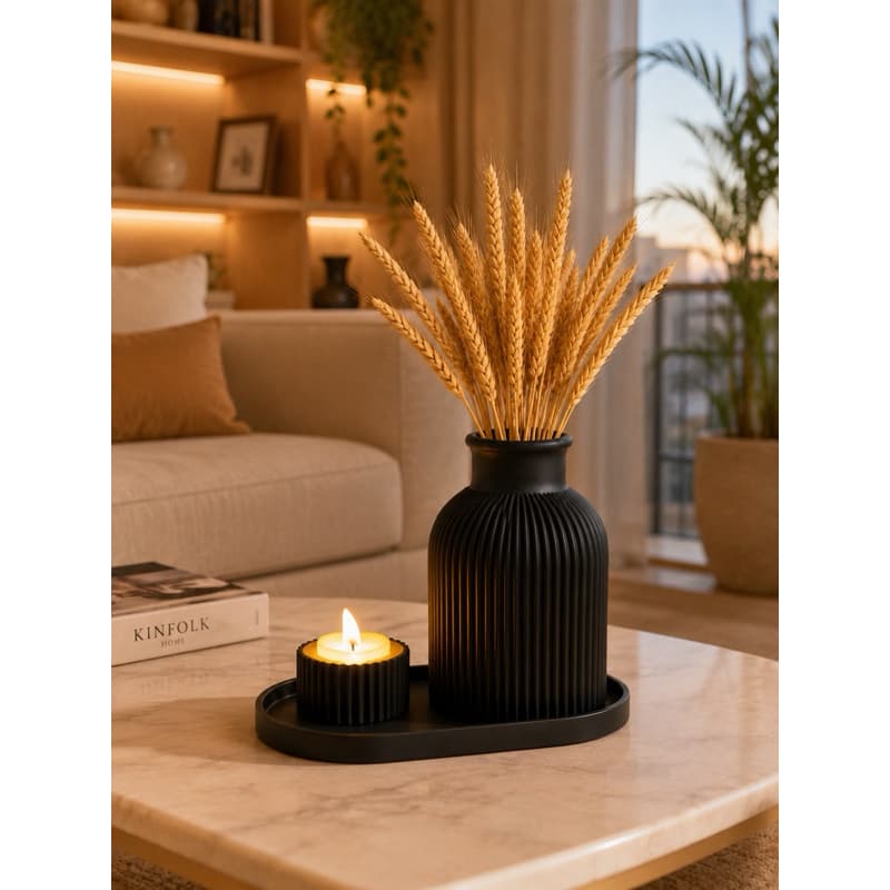 Kit Decorativo Decoração Vaso c/ Porta Velas e Vela Led com Bandeja Ambiente Aconchegante Quarto Sala Decoração Bonita
