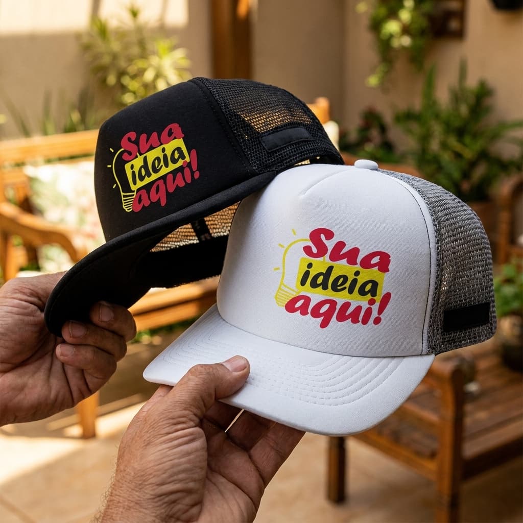 Boné Personalizado Trucker Tela Sua Arte Foto Logo Frase Aba Curva Snapback Uniforme Brinde