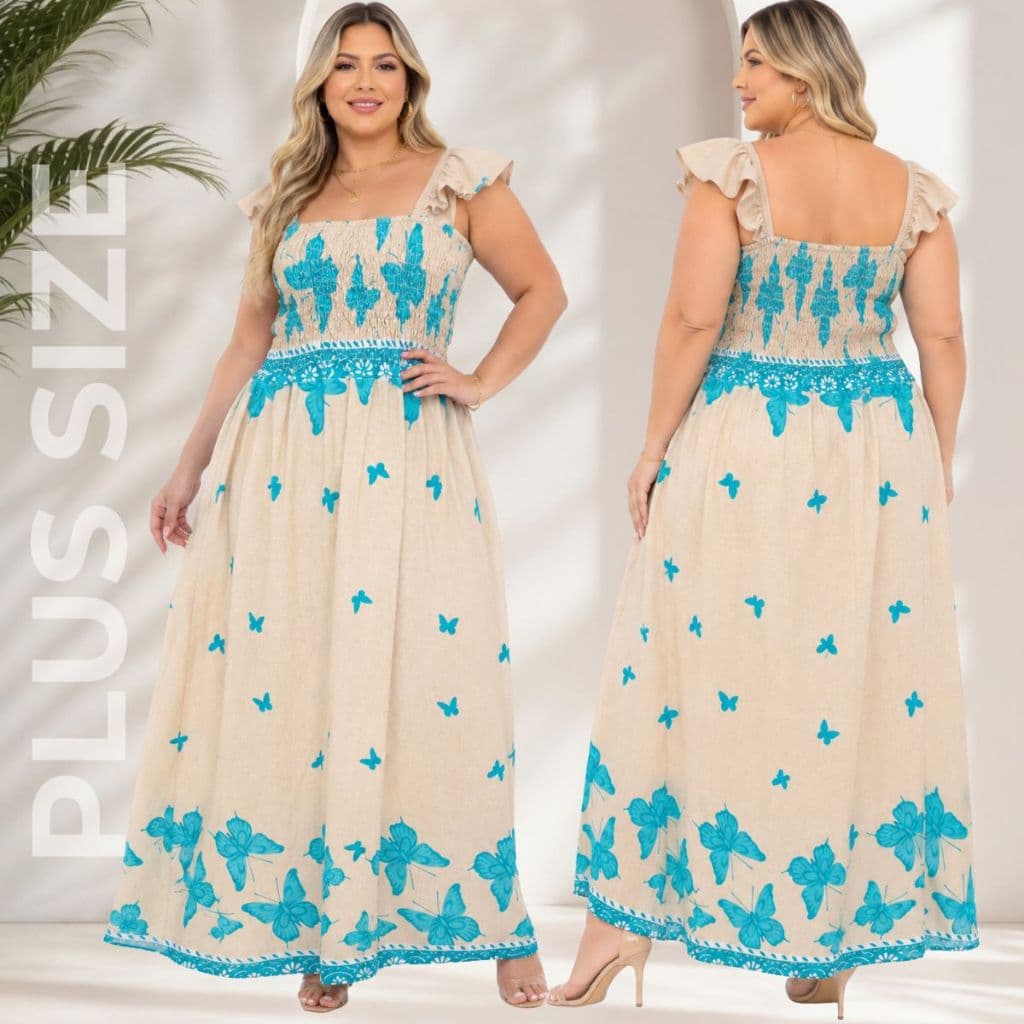 Vestido Bia Plus Size Longo Estampado e Liso Feminino Elegante Alça Babado Lastex Caimento Leve Moda Maior Sofisticado.