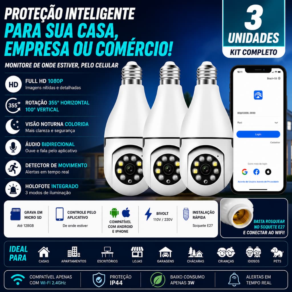 Câmeras Lâmpada kIt 3 - WiFi 360° Full HD IP Segurança Visão Noturna Colorida Áudio Bivolt E27