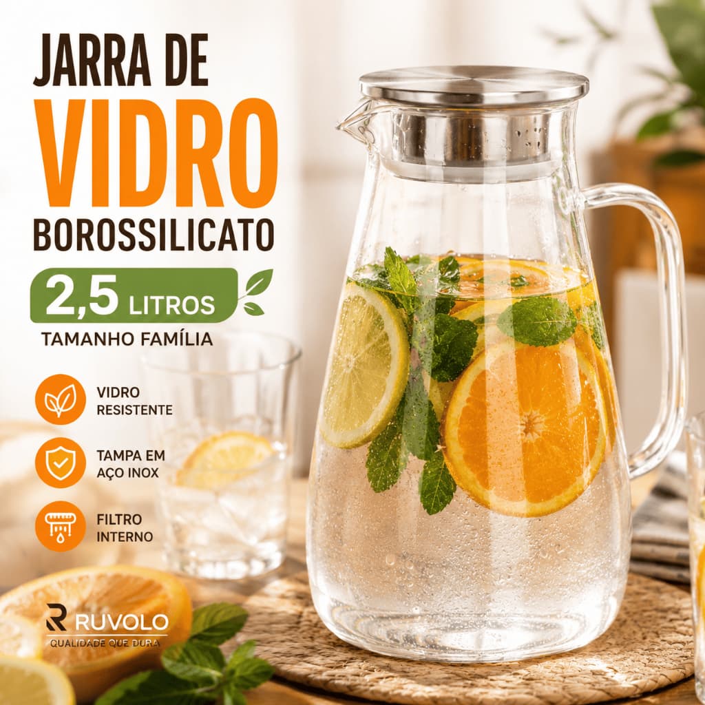 Jarra De vidro Borossilicato 2,5L Com Tampa E Filtro Inox Servir Elegante Festas Bebidas Agua Sucos