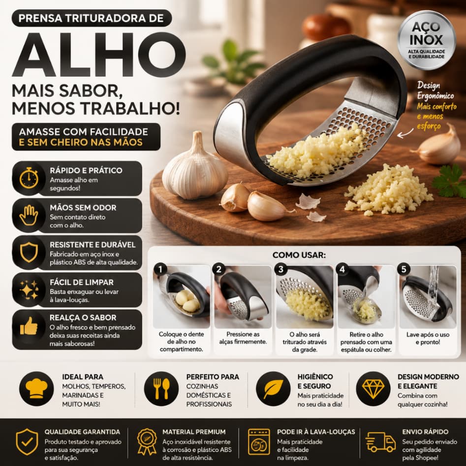 Espremedor Amassador de Alho em Aço Inox e ABS!