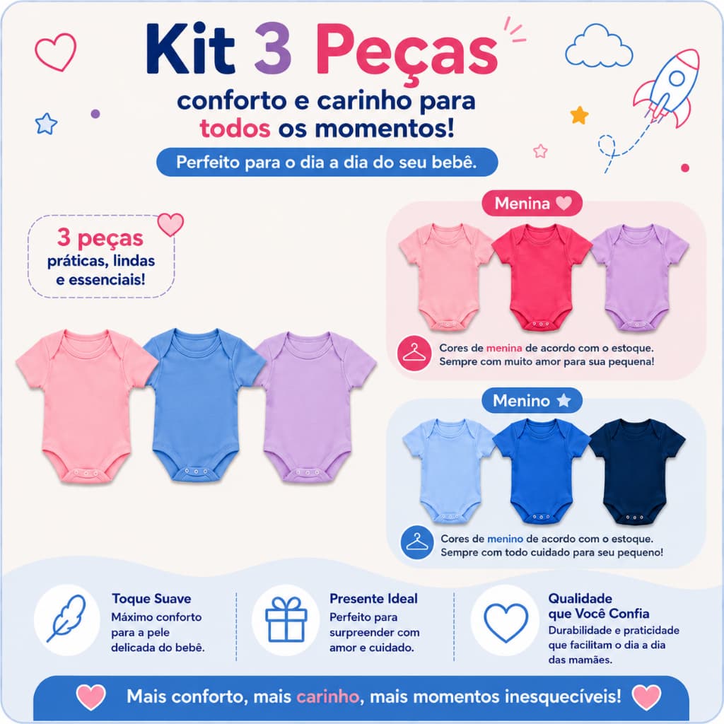 Kit 3 peças body bebê manga curta borys femininos e masculinos para o verão