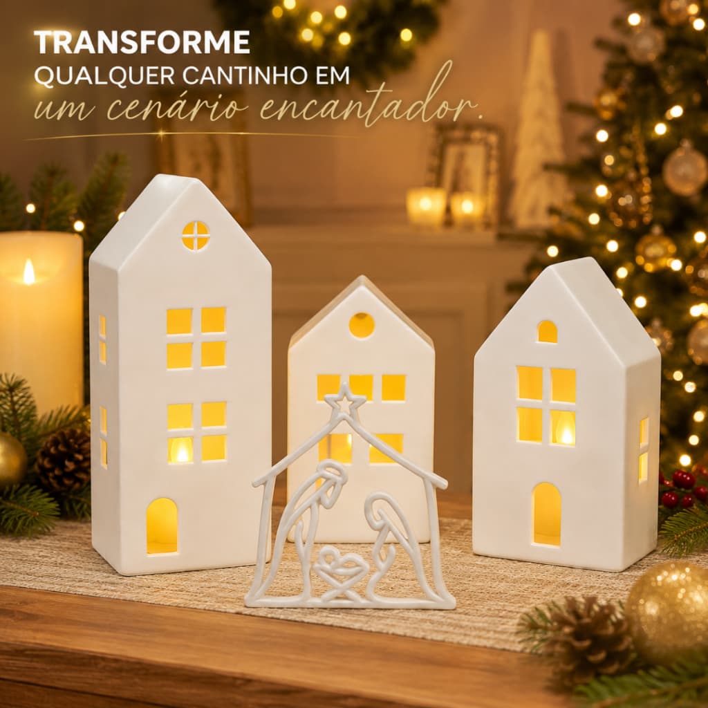Kit Vila Natalina 3 Casinhas Led Mini Presépio Decorativo Decoração natal elegante