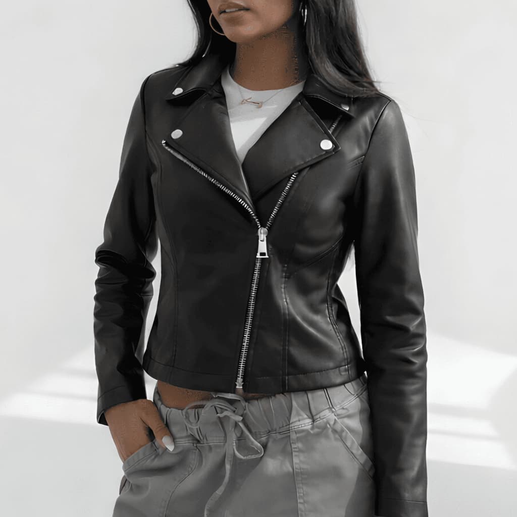 Jaqueta Feminina Preta Estilo Motociclista Courino Ecológico Fashion Casual