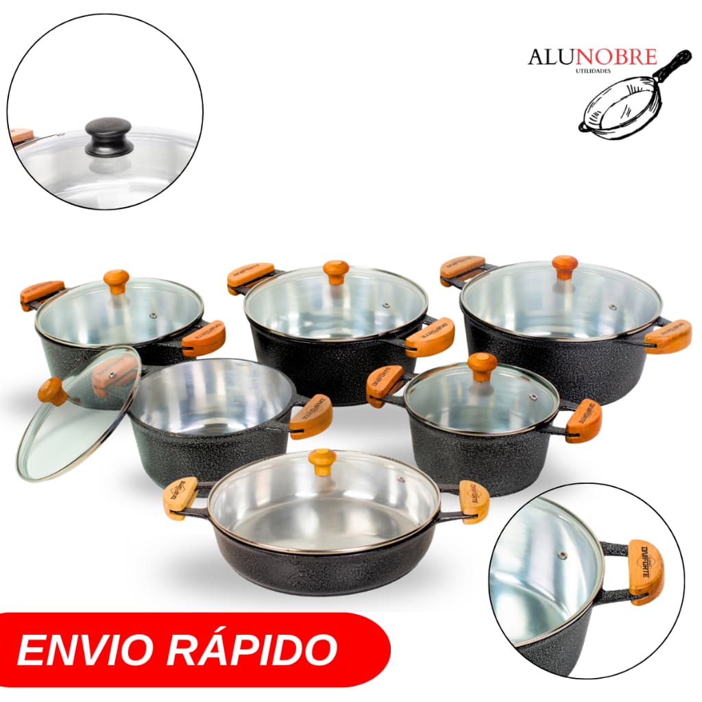 Kit 6 Panelas Alumínio Fundido Grosso Preta Com Tampa De Vidro