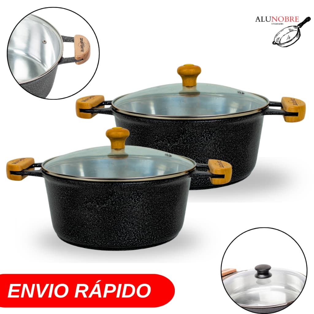 Kit Panela 26 e 28 cm Alumínio Fundido Preta com Tampa de Vidro