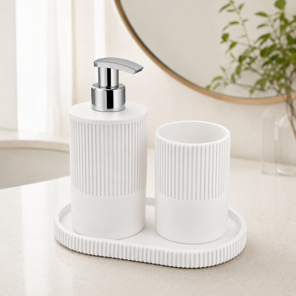 Kit Banheiro 3 Peças Branco Minimalista Dispenser Sabonete Porta Escovas Bandeja