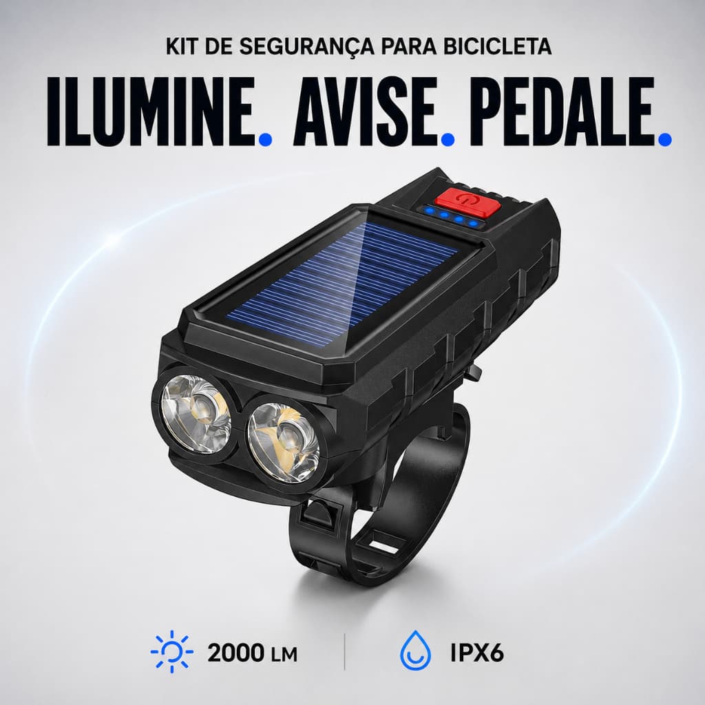 Kit Farol LED Bike 2000LM Painel Solar USB 4000mAh IPX6 Recarregável 200m de Alcance