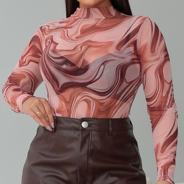 Body Tule Texturizado Transparente Estampado Manga Longa Gola Alta Collant Roupa Tendencia Feminina Outono Inverno