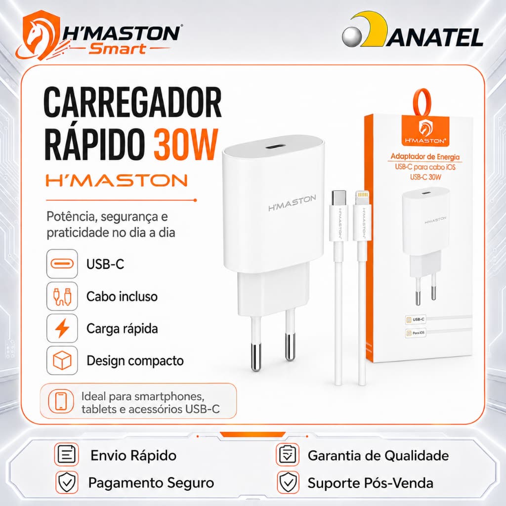 H'maston CB17 Carregador Turbo Tipo C/Lighting 30w Fonte 3A Carregador De Celular Fonte Carregador