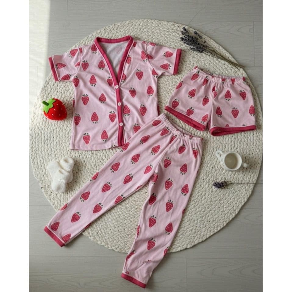 Kit 3 peças Pijama Infantil Camisa + Calça + Short Americano Com Botões de Menina Frio e Calor Malha