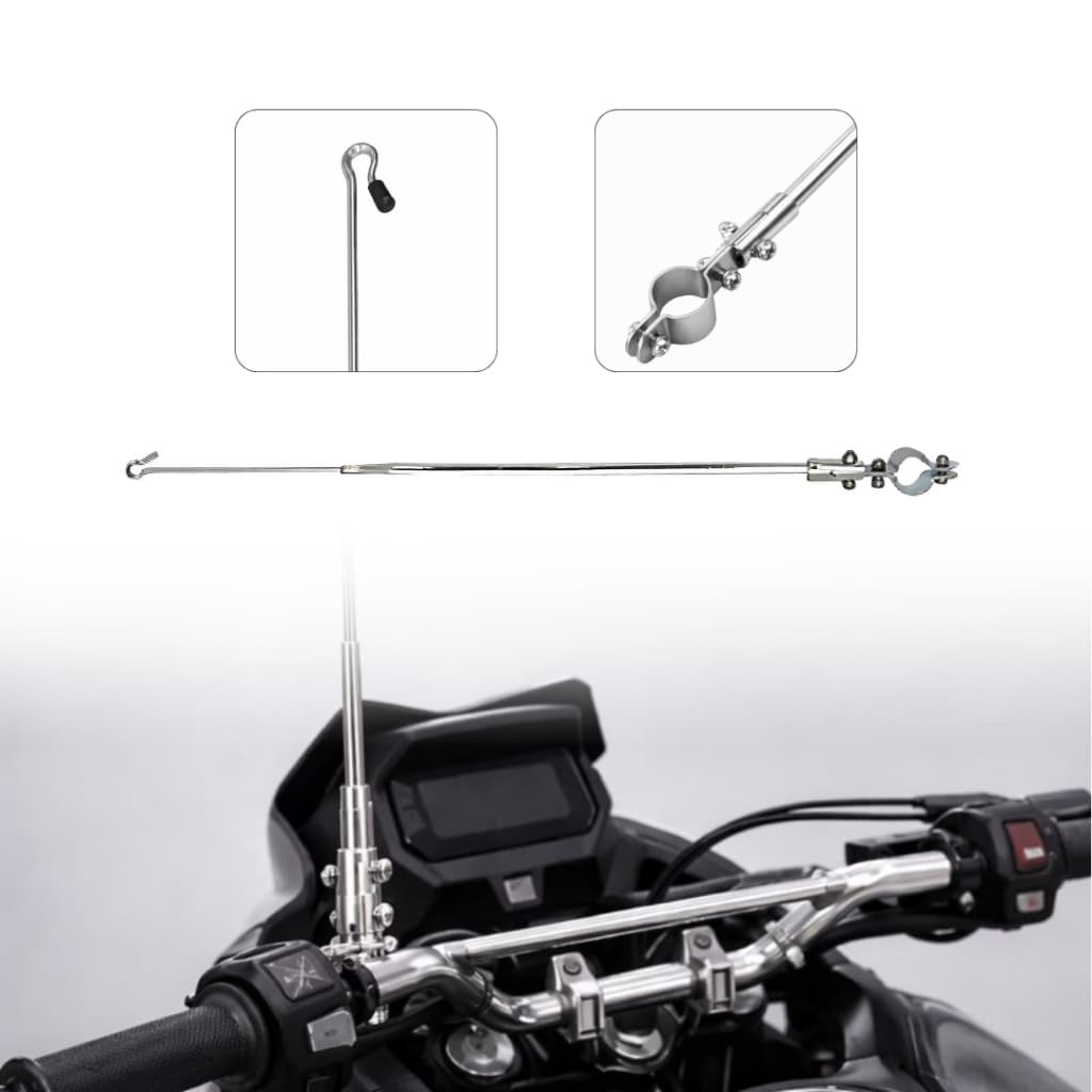 Antena Retrátil Corta-Pipa para Guidão de Moto Cromada 6 Estágios Reclinável Gancho Cromado