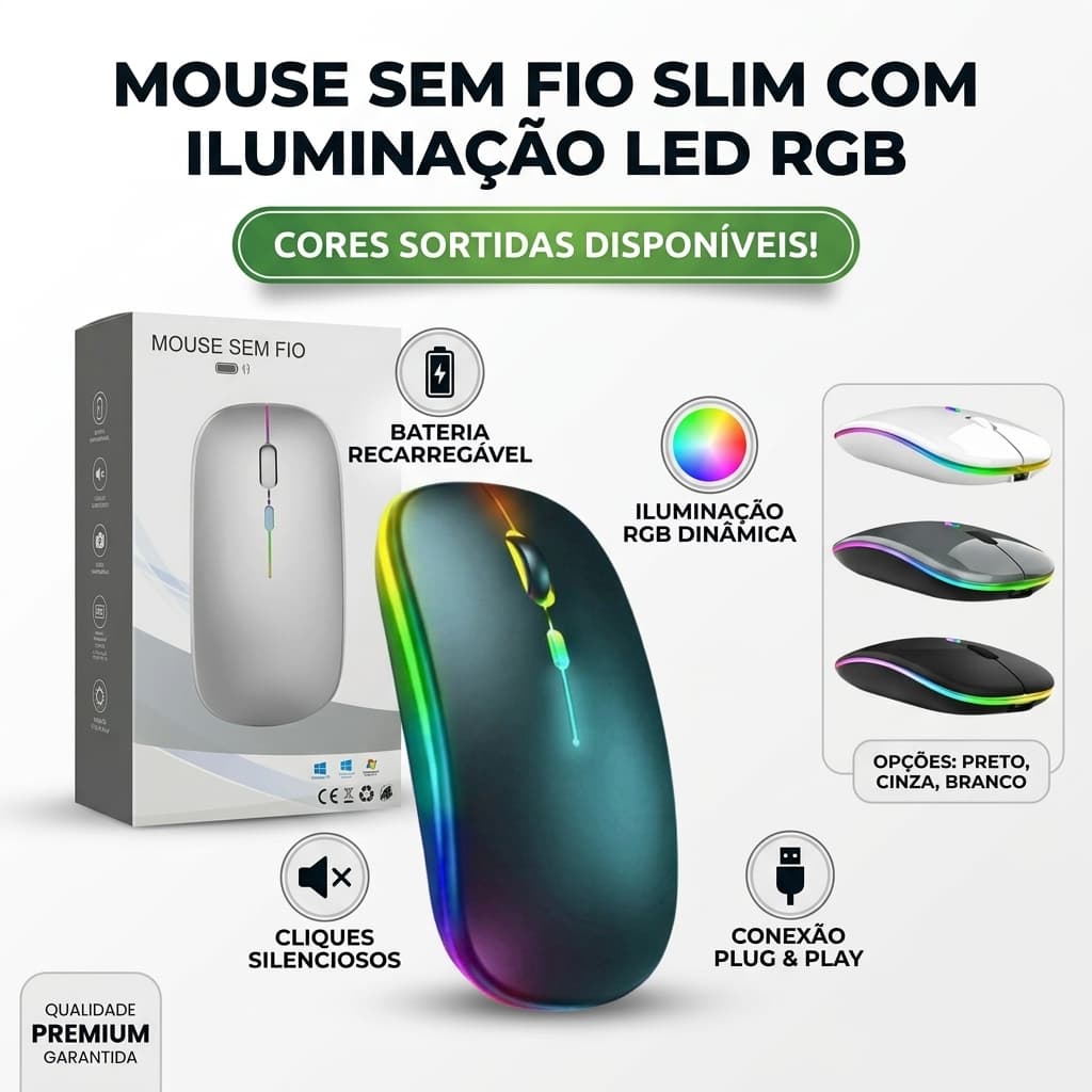 Mouse Sem Fio Bluetooth RGB Recarregável 1600 DPI Silencioso