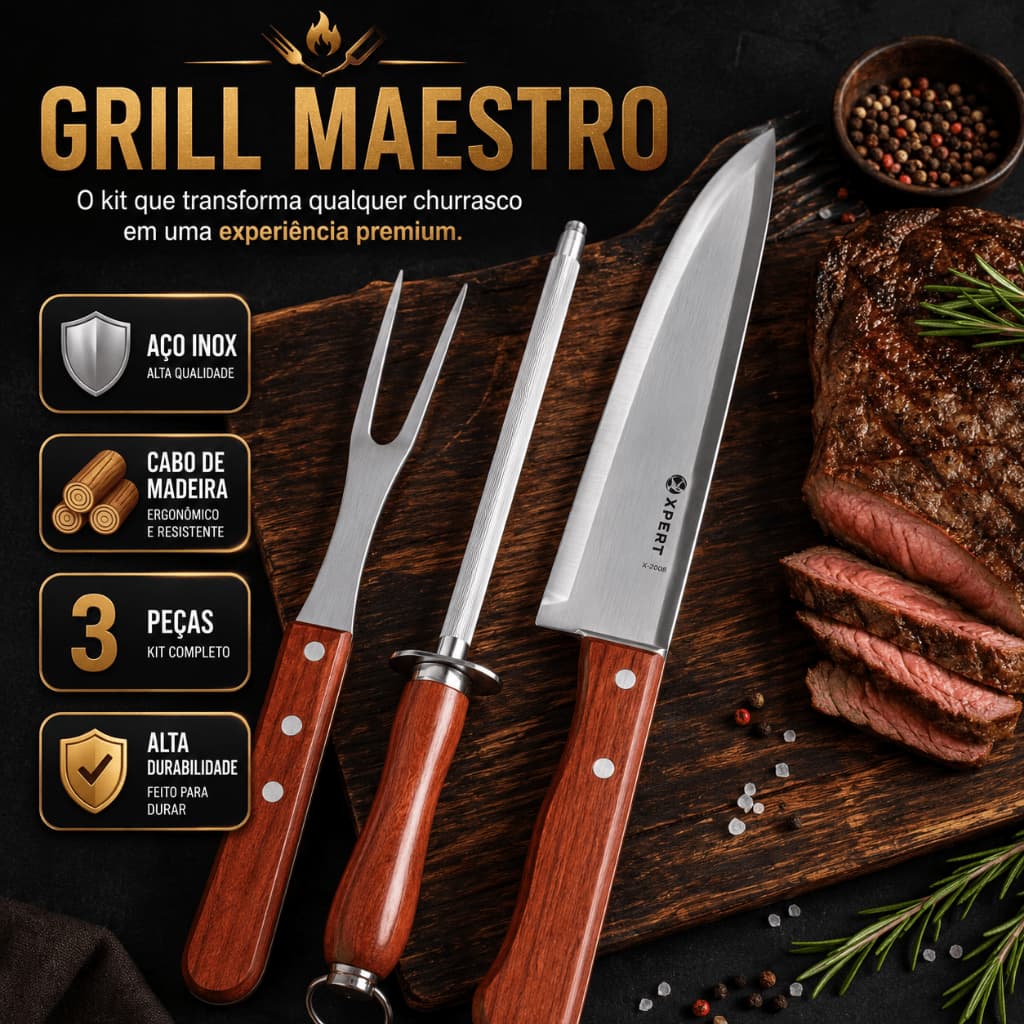 Kit Churrasco 3 Peças Aço Inox Cabo de Madeira Faca Garfo Chaira Grill Maestro