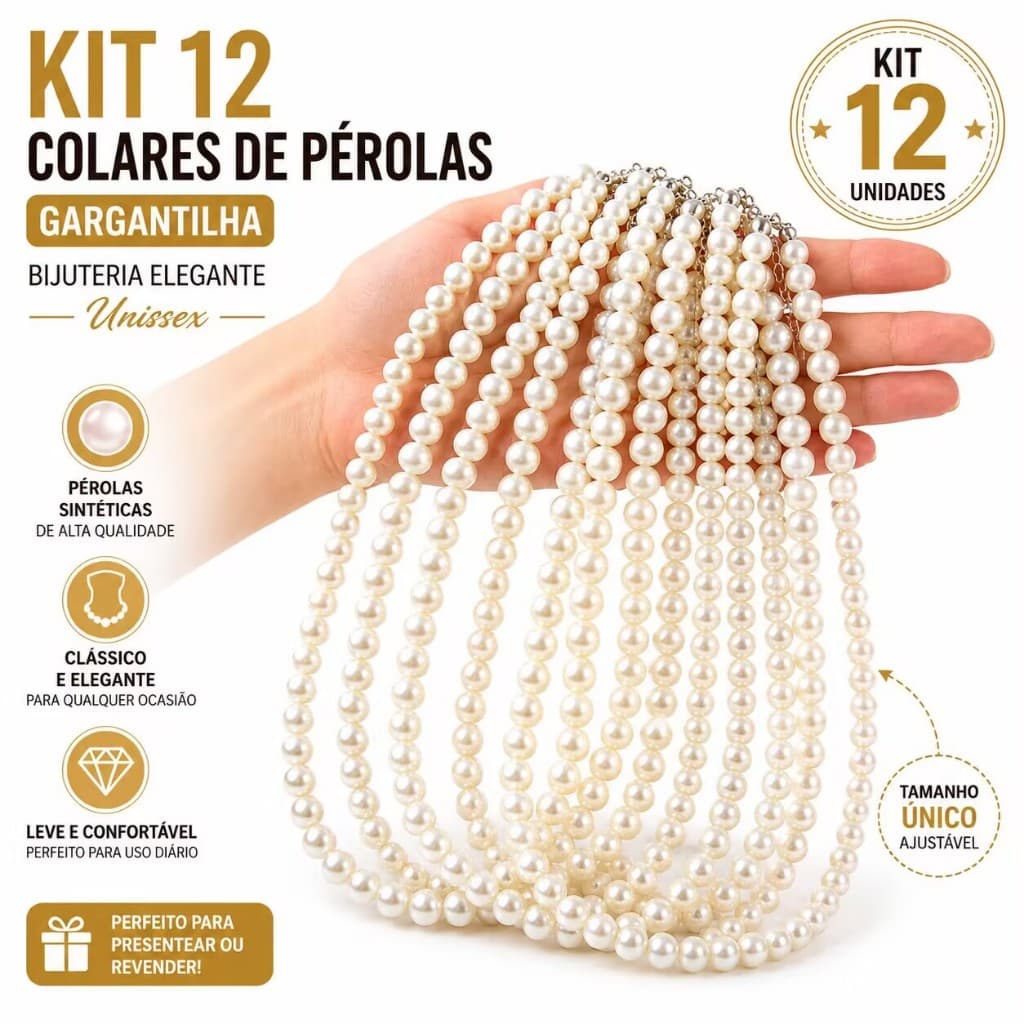 Kit 12 Colares de Pérolas Sintéticas Gargantilha Elegante Feminina Moda Vintage Festa Unissex