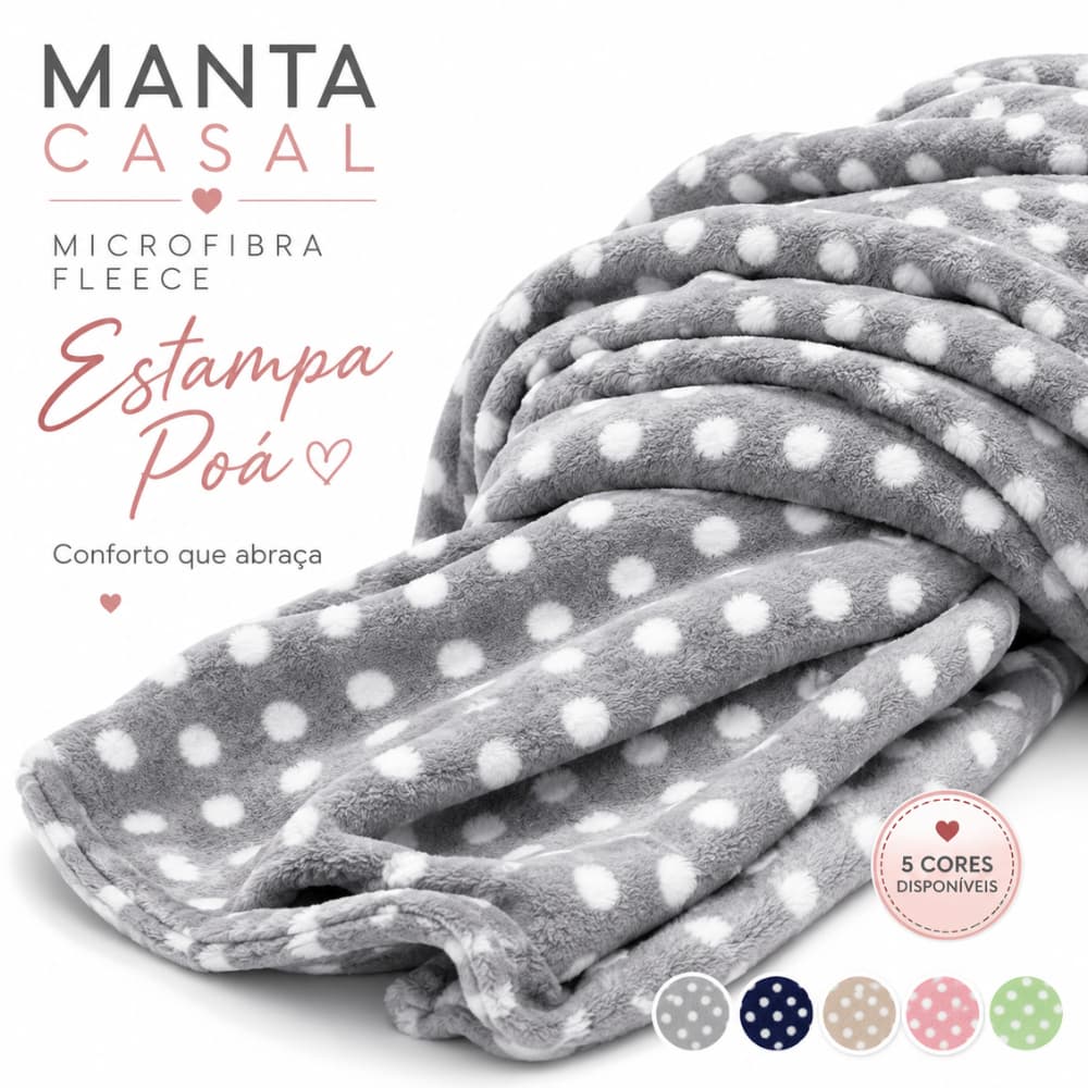 Manta Casal Microfibra Fleece Poá 2,20x1,80 Toque Aveludado Leve Quentinha Macia