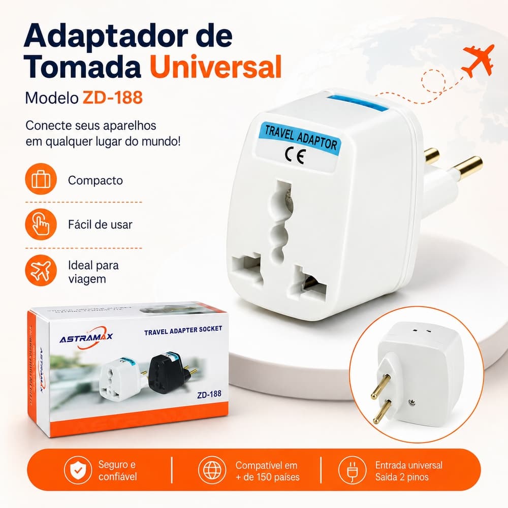 Adaptador de Tomada Universal ZD-188 para Viagem com Entrada Multiplug e Saída 2 Pinos Redondos Portátil